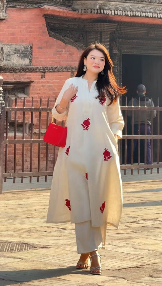 Stylish White Kurti with Red Floral Work