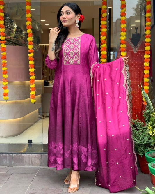 Royal Magenta Silk Anarkali Set with Embroidered Dupatta
