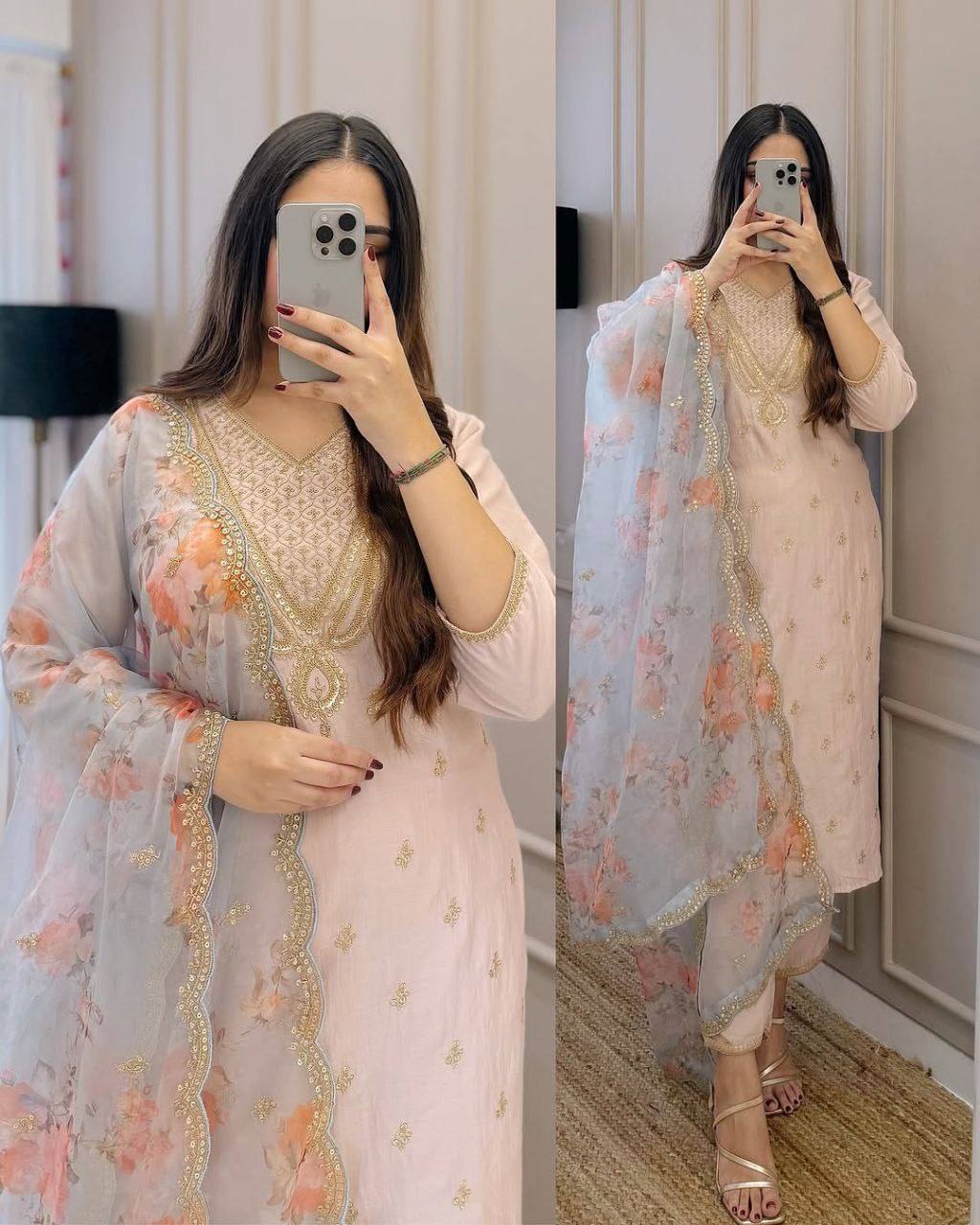 luxury pastel pink kurti set with organza floral dupatta