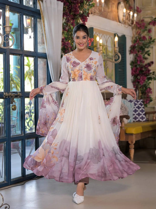 Elegant Floral Printed Anarkali Kurti – White & Lavender Ombre Design
