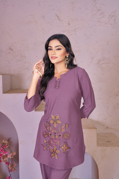 👗 Stylish Mauve Co-Ords Set with Vibrant Geometric Embroidery