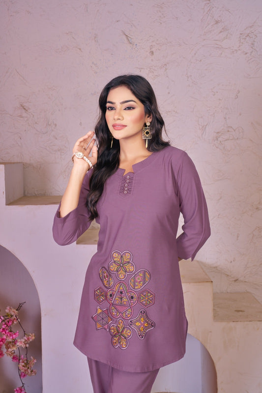 👗 Stylish Mauve Co-Ords Set with Vibrant Geometric Embroidery