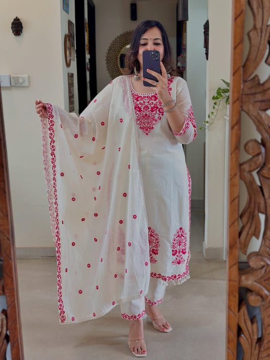 MUL CHANDERI FESTIVAL SPECIAL FULL EMBROIDERY KURTI SET