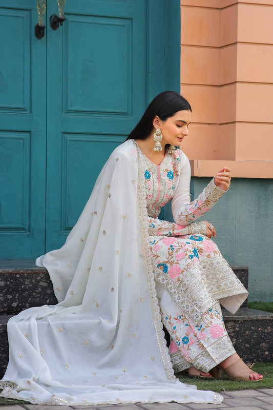 🦋 Đěsigner Party Wear Look Pur Chinon Silk Top Plazzo & Dupatta Set👗
