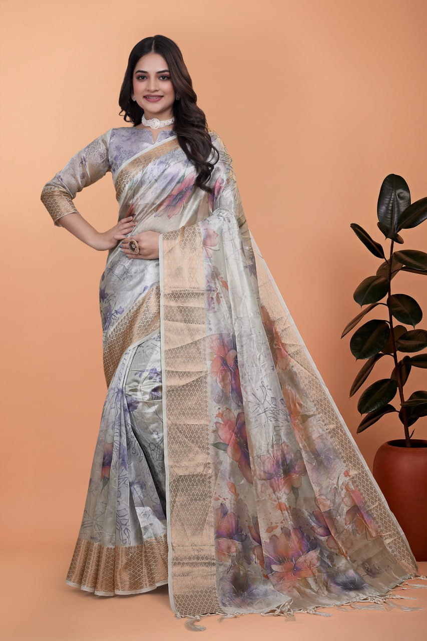 elegant beige soft silk saree with multicolor floral print & golden zari border ( gg-505 )