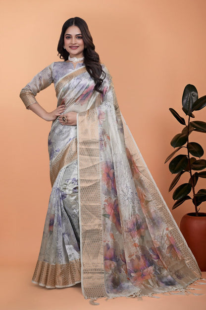 Elegant Beige Soft Silk Saree with Multicolor Floral Print & Golden Zari Border ( GG-505 )