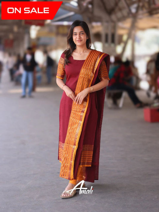 Designer Maroon Kurti with Dupatta Kanchi Cotton Set