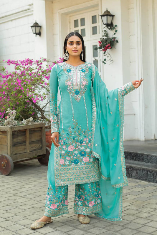 🦋 Đěsigner Party Wear Look Pur Chinon Silk Top Plazzo & Dupatta Set👗