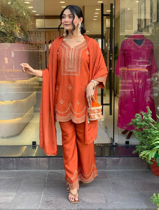 Presenting The Navratri  Special  3 Pcs Premium Plazo Set In Pure Roman Silk Fabric With To Make You The Centre of Attention