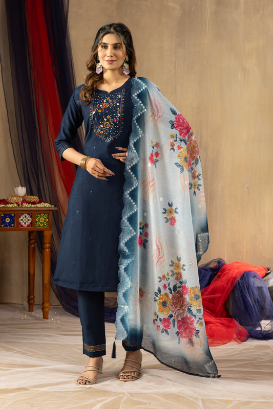 Stylish Navy Blue Kurti with Sky-Toned Floral Dupatta – Perfect for Celebrations