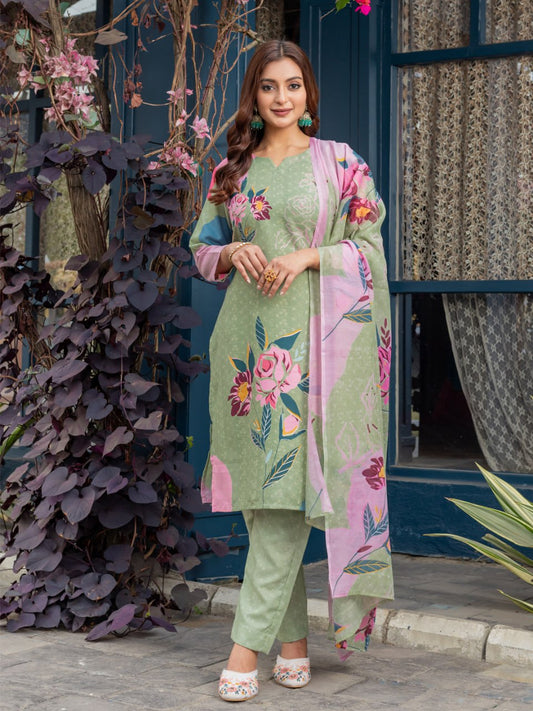 👗 Fully Stiched Cotton Kurti Pant Dupatta- Mehendi * AF2014
