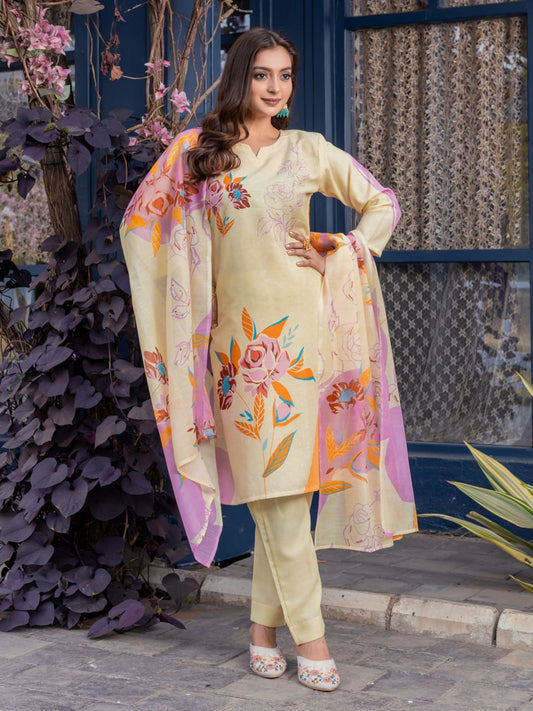👗 Fully Stiched Cotton Kurti Pant Dupatta- Cream * AF2014