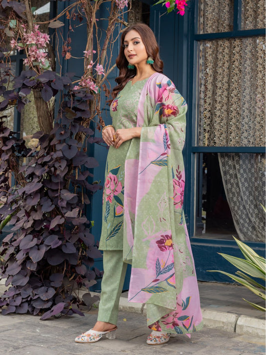 👗 Fully Stiched Cotton Kurti Pant Dupatta- Mehendi * AF2014