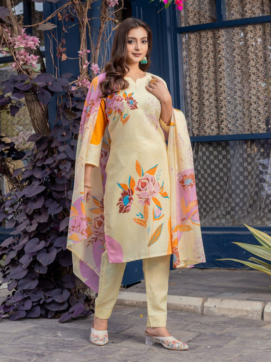 👗 Fully Stiched Cotton Kurti Pant Dupatta- Cream * AF2014