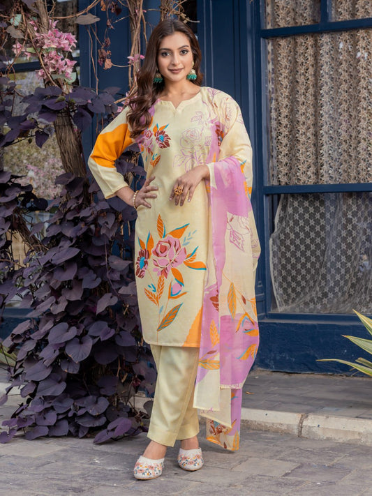 👗 Fully Stiched Cotton Kurti Pant Dupatta- Cream * AF2014