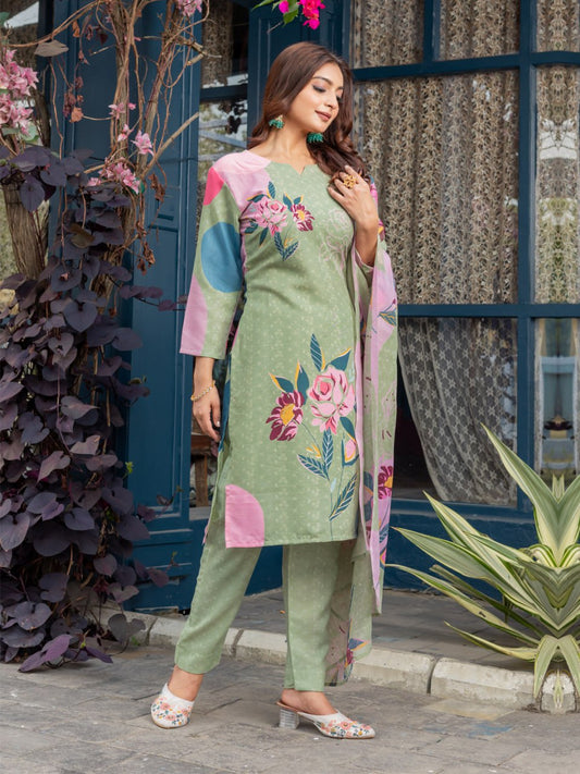 👗 Fully Stiched Cotton Kurti Pant Dupatta- Mehendi * AF2014