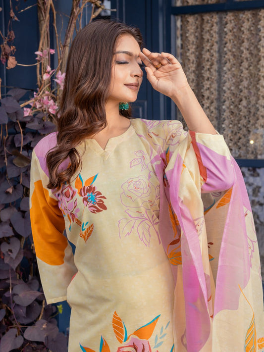 👗 Fully Stiched Cotton Kurti Pant Dupatta- Cream * AF2014