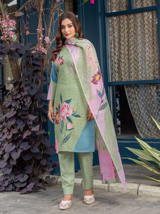 👗 Fully Stiched Cotton Kurti Pant Dupatta- Mehendi * AF2014