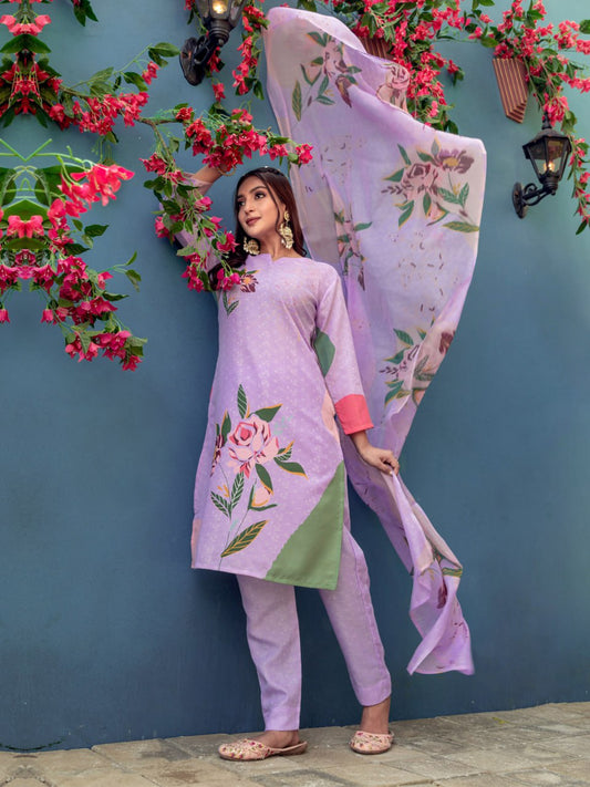 👗 Fully Stiched Cotton Kurti Pant Dupatta-  Lavender * AF2014