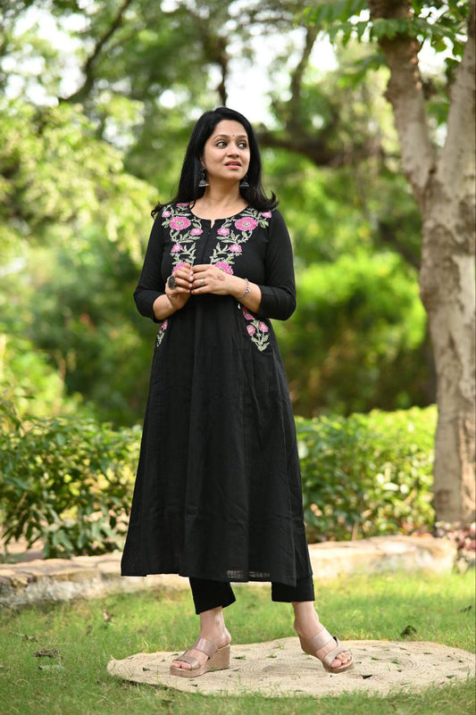 Very Modish Pure Cotton Embroidery Kurta Set With Pocket