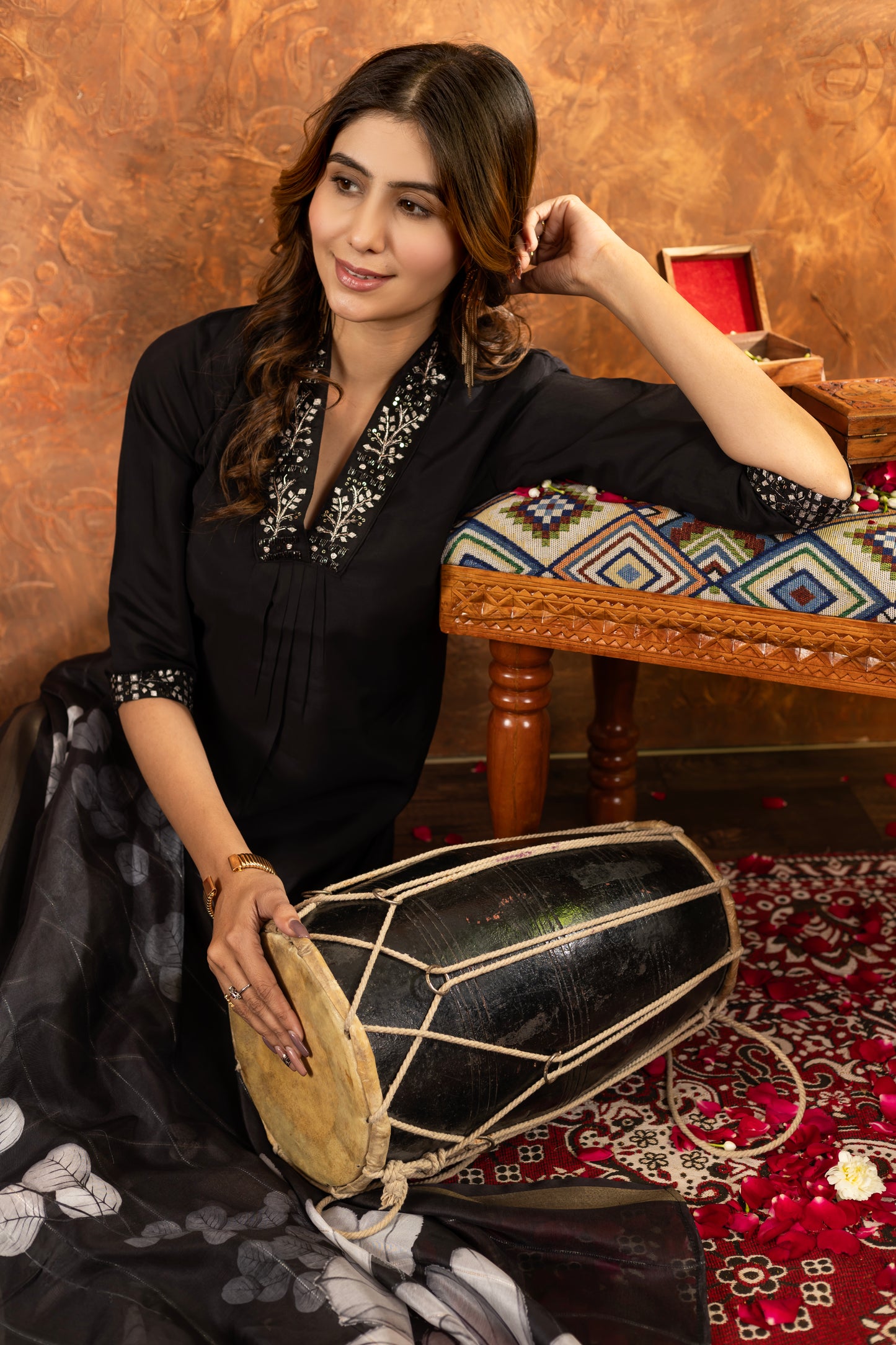 elegant black kurti set with floral dupatta – perfect for every occasion