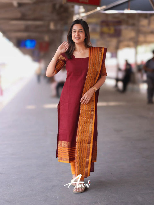 Designer Maroon Kurti with Dupatta Kanchi Cotton Set