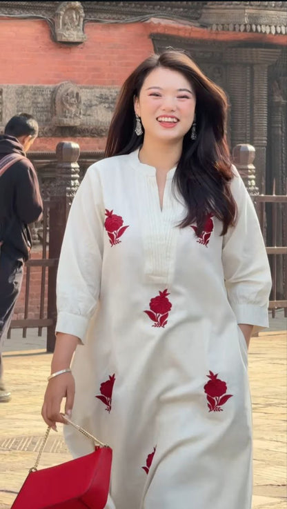 Stylish White Kurti with Red Floral Work
