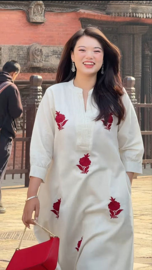 Stylish White Kurti with Red Floral Work