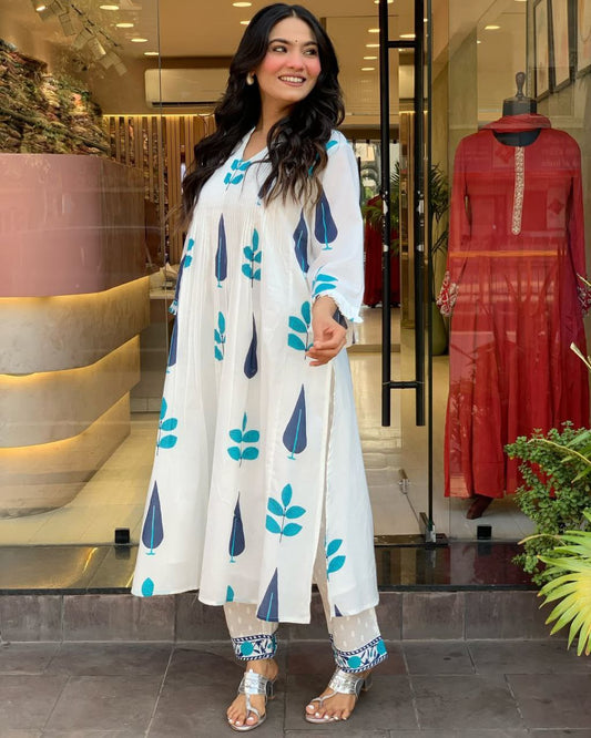 Elegant White & Blue Printed Kurti Set – Modern Ethnic Look