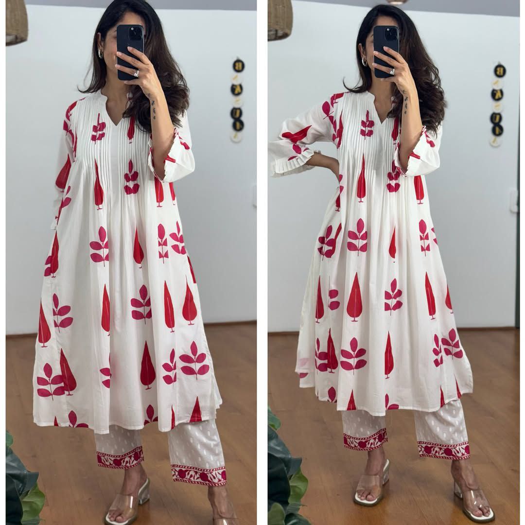 elegant white & red printed kurti set – modern ethnic style