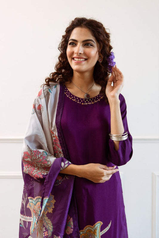 Stylish Purple Kurti with Printed Dupatta – Festive Collection
