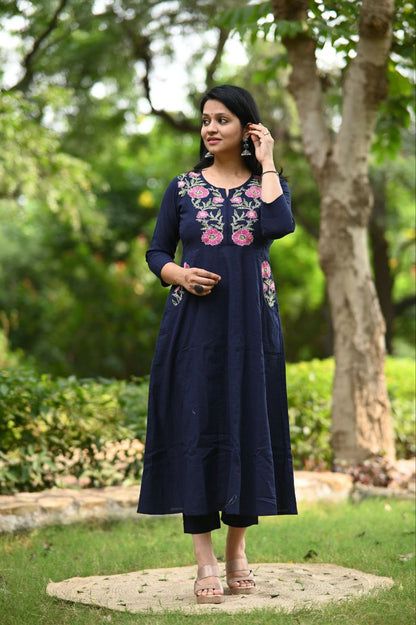 Very Modish Pure Cotton Embroidery Kurta Set With Pocket