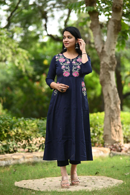 Very Modish Pure Cotton Embroidery Kurta Set With Pocket