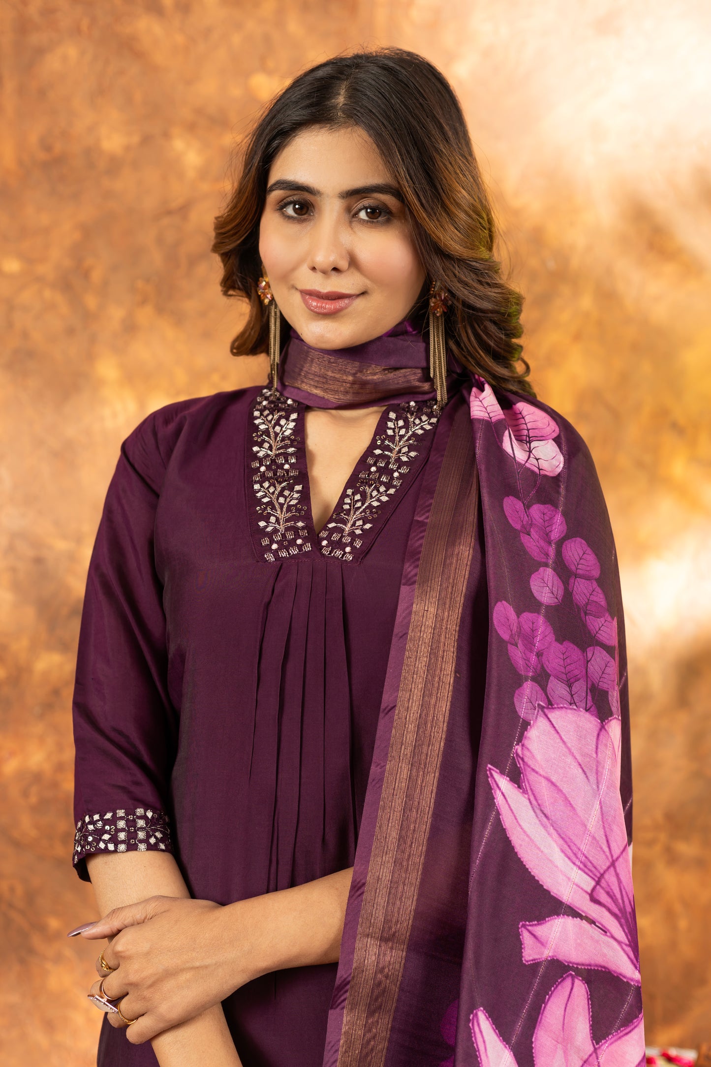 elegant wine kurti set with floral dupatta – perfect for every occasion