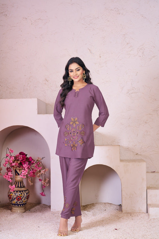 👗 Stylish Mauve Co-Ords Set with Vibrant Geometric Embroidery
