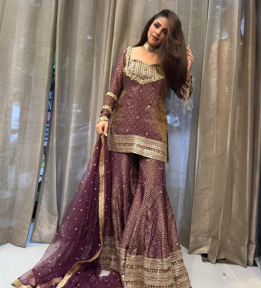 🦋 Đěsigner Party Wear & Festival Look Pur Printed Chinon Silk Top-Blouse & Palazzo With Dupatta set