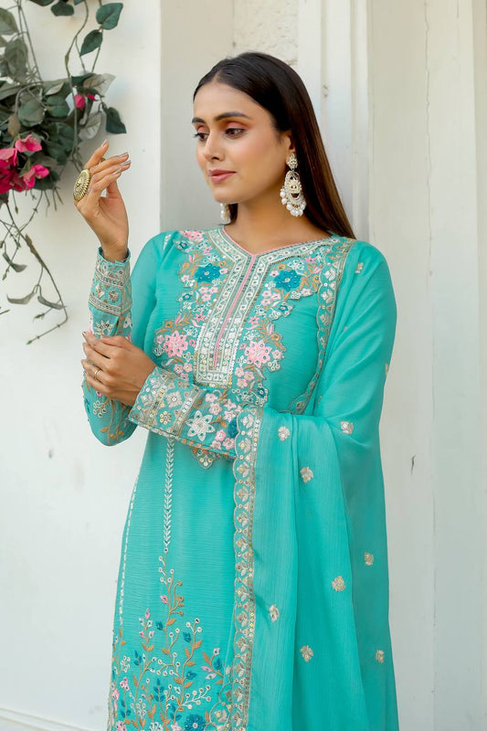 🦋 Đěsigner Party Wear Look Pur Chinon Silk Top Plazzo & Dupatta Set👗