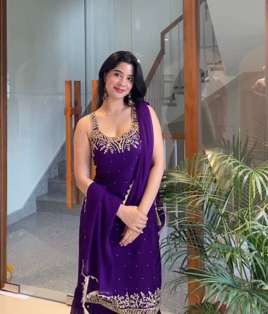 🦋 Đěsigner Party Wear Look Pur Heavy Faux Georgette Top Plazzo & Dupatta Set👗
