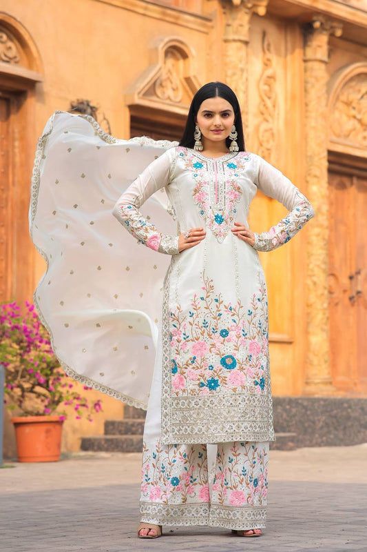 🦋 Đěsigner Party Wear Look Pur Chinon Silk Top Plazzo & Dupatta Set👗