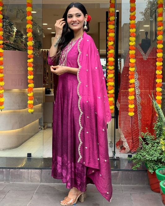 Royal Magenta Silk Anarkali Set with Embroidered Dupatta
