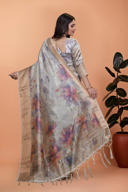 Elegant Beige Soft Silk Saree with Multicolor Floral Print & Golden Zari Border ( GG-505 )