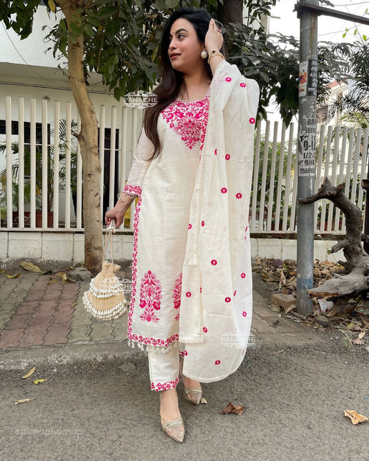 Ivory Elegance: Cream Kurta Set with Vibrant Pink Embroidery & Dupatta