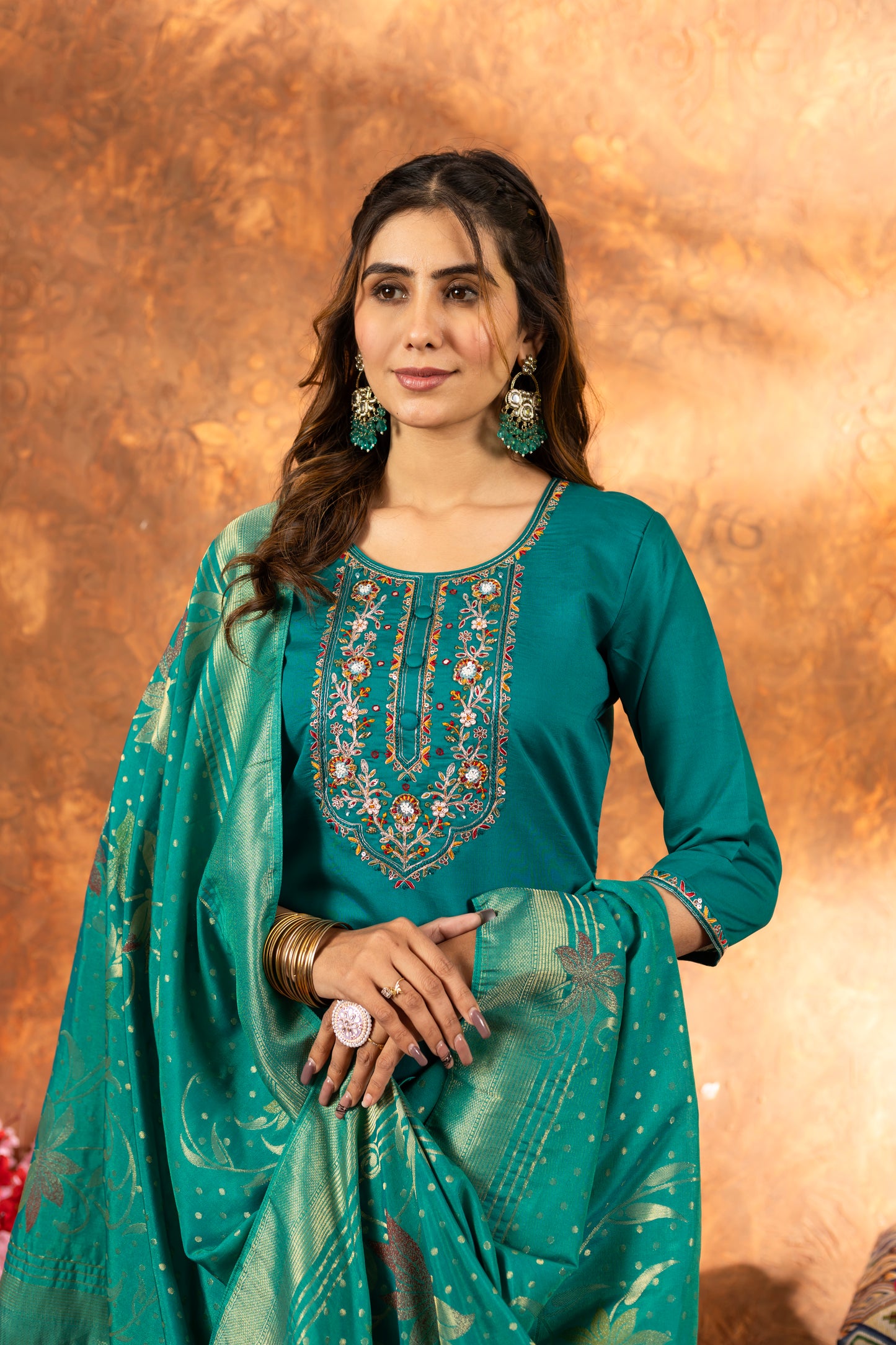 elegant festive kurti set with embroidered neckline & silk dupatta