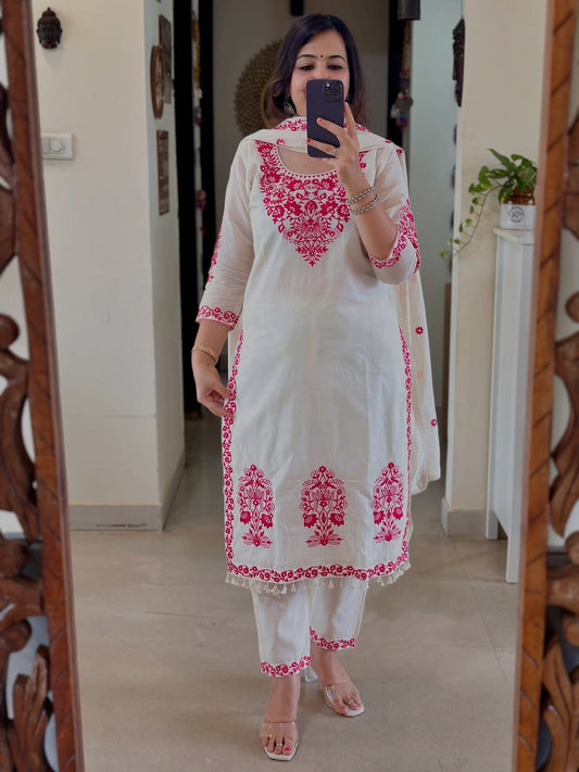 MUL CHANDERI FESTIVAL SPECIAL FULL EMBROIDERY KURTI SET