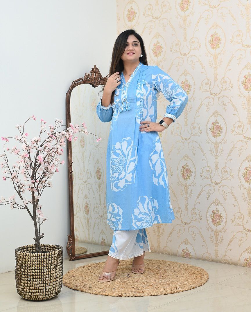 elegant sky blue floral kurti set – summer collection