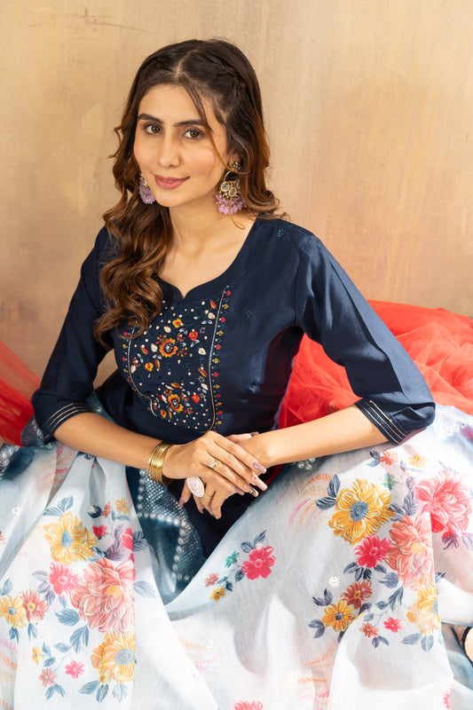 Stylish Navy Blue Kurti with Sky-Toned Floral Dupatta – Perfect for Celebrations
