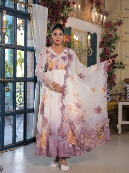 Elegant Floral Printed Anarkali Kurti – White & Lavender Ombre Design