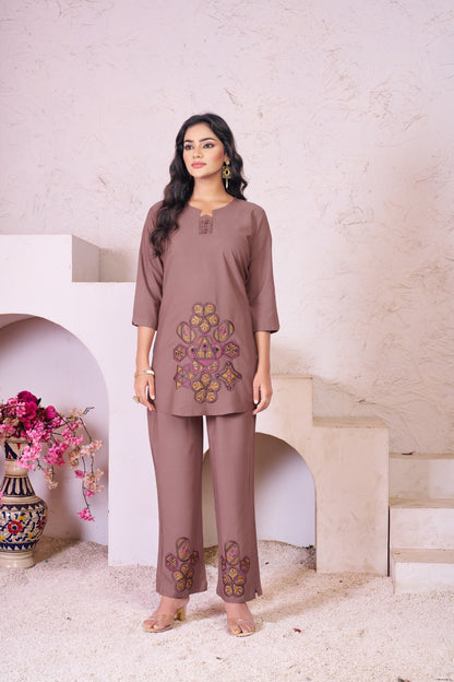 👗 Stylish Mauve Co-Ords Set with Vibrant Geometric Embroidery