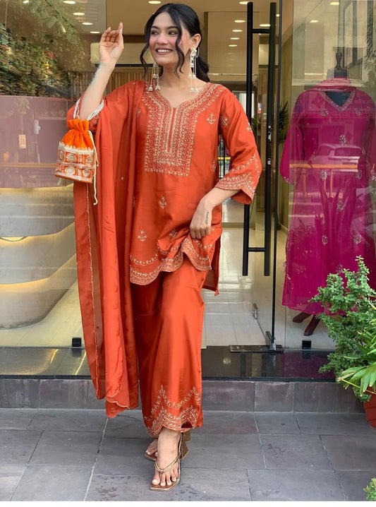 Presenting The Navratri  Special  3 Pcs Premium Plazo Set In Pure Roman Silk Fabric With To Make You The Centre of Attention