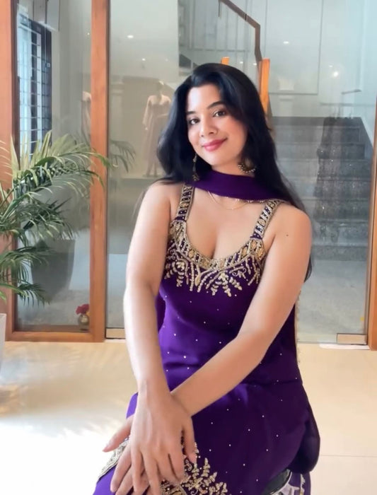 🦋 Đěsigner Party Wear Look Pur Heavy Faux Georgette Top Plazzo & Dupatta Set👗